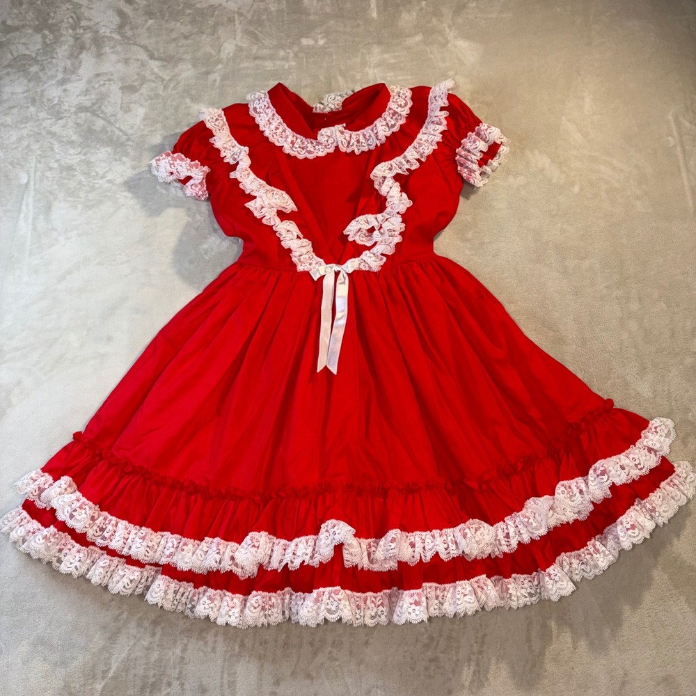 Vintage Betty Oden Girls Red Lace Ruffle Pageant Party Dress Size 10 Made in USA